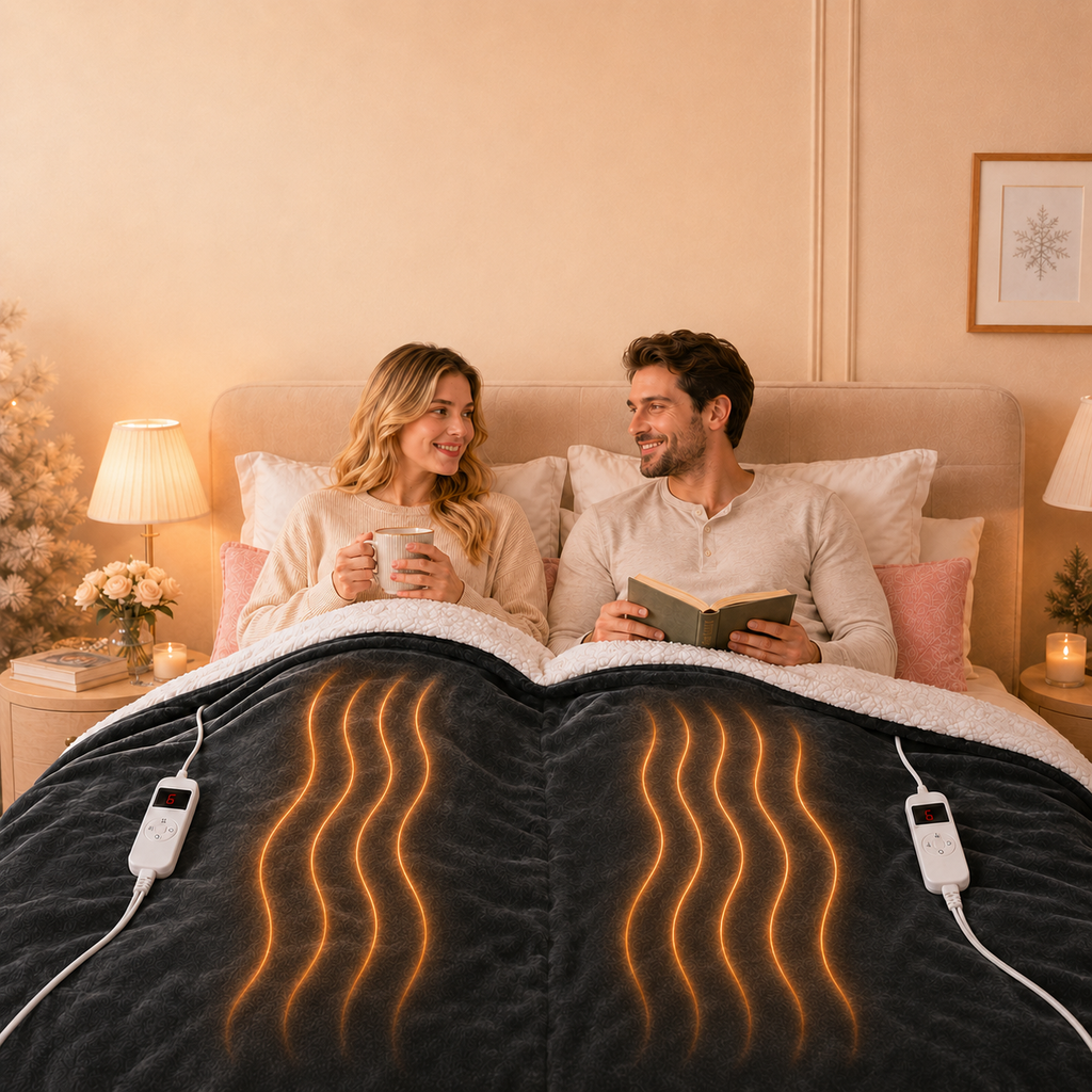 PYROEPLEEA Heated Electric Blanket Queen 84 x 90 in, Flannel Sherpa, 2 Controllers, Dual Zone, 6 Heat Settings, 1-12 Hour Auto Off, Washable-Dark Gray