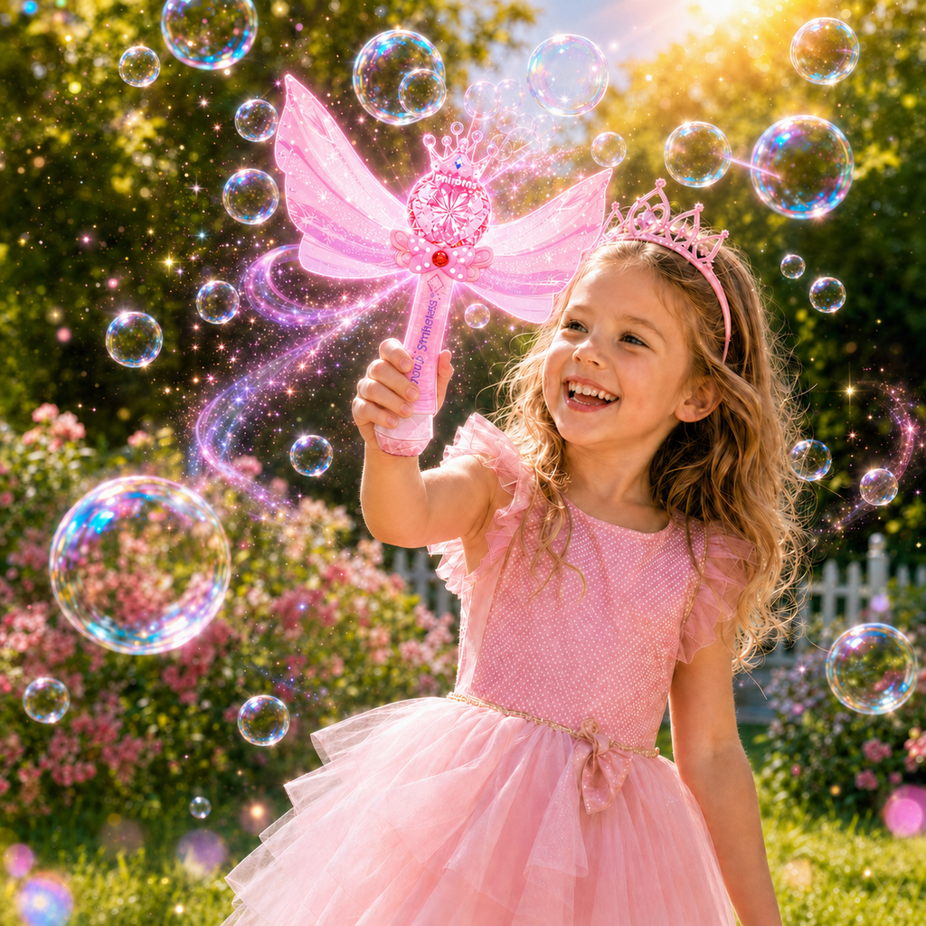 PYROEPLEEA Princess Bubble Wand for Kids, Automatic Bubble Machine with Lights & Music, 2 Bubble Solution Refills, Outdoor Party Birthday Gift, Pink
