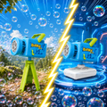 PYROEPLEEA Bubble Camera Machine for Kids Ages 3+, Rechargeable Automatic Bubble Blower with Lights & Music, Tripod, 360° Rotating Base, 2 Bottles, Blue