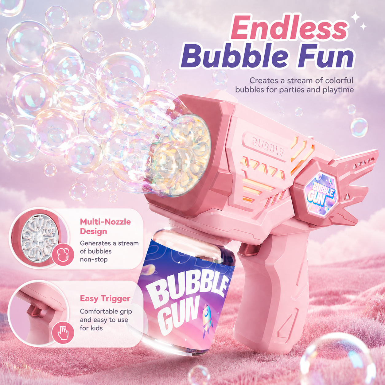 PYROEPLEEA Electric Bubble Gun, Pink 10-Hole High Output Automatic Portable Bubble Blaster, Kids Outdoor Play Toy