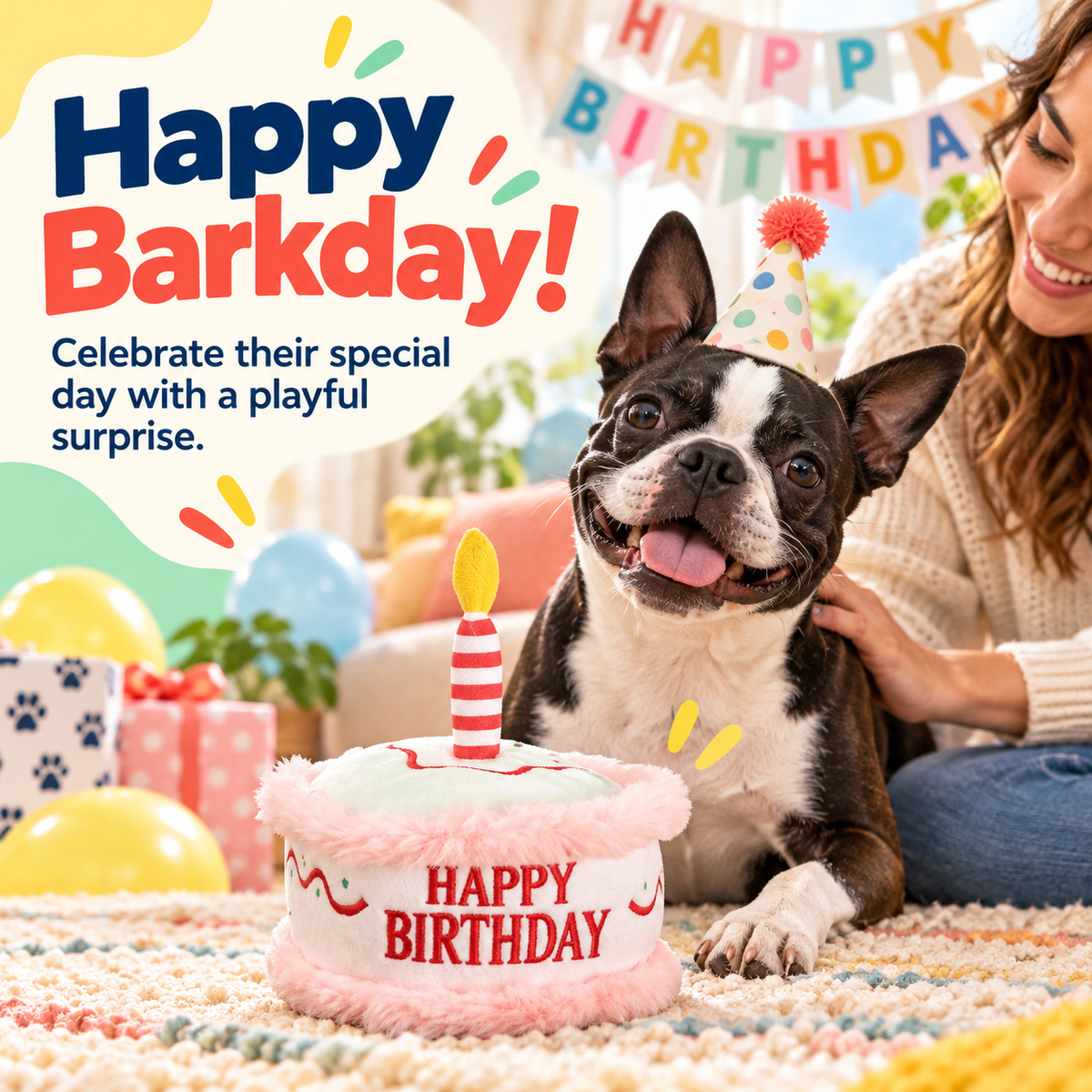 PYROEPLEEA Birthday Cake Squeaky Plush Dog Toy with Candle and Happy Birthday  Embroidery, Pink, Approx. 6 in Wide, Dog Birthday Gift