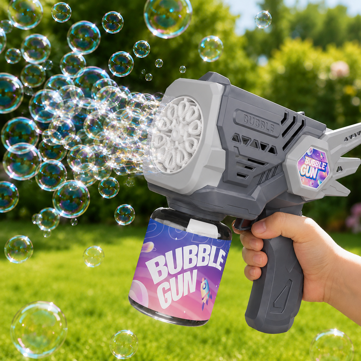 PYROEPLEEA Electric Bubble Gun, Gray 10-Hole High Output Automatic Portable Bubble Blaster, Kids Outdoor Play Toy