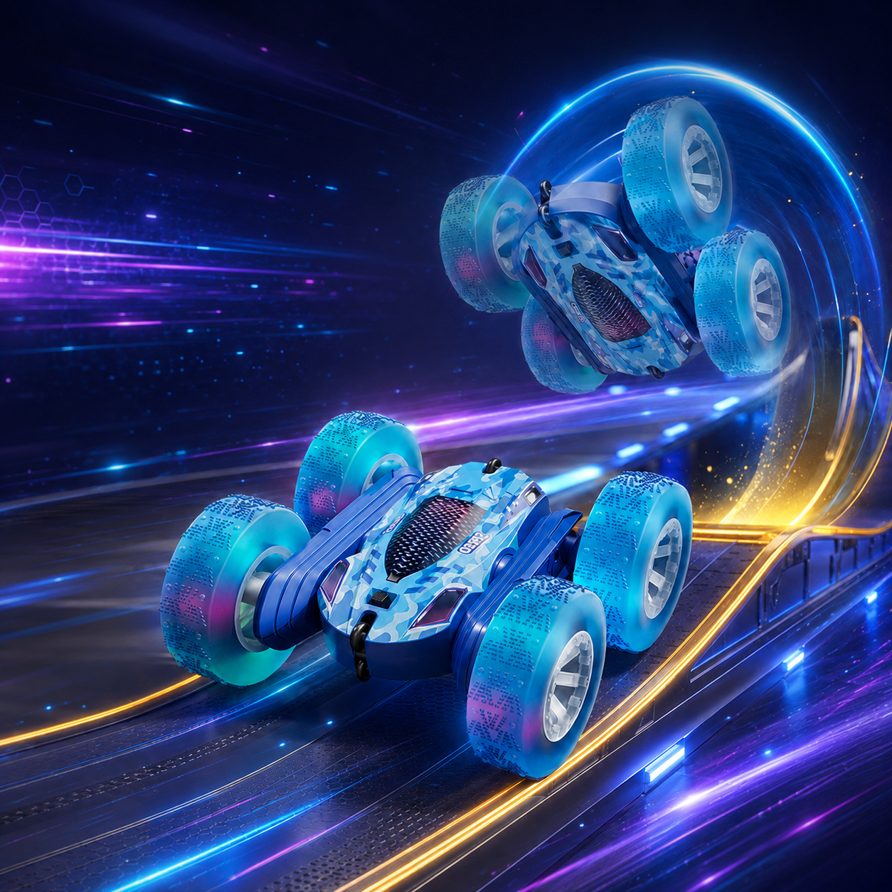 PYROEPLEEA Remote Control Car for Kids, 360° Double-Sided RC Stunt Car with Colorful LED Light-Up Wheels, Rechargeable Toy Gift for Boys and Girls, Blue