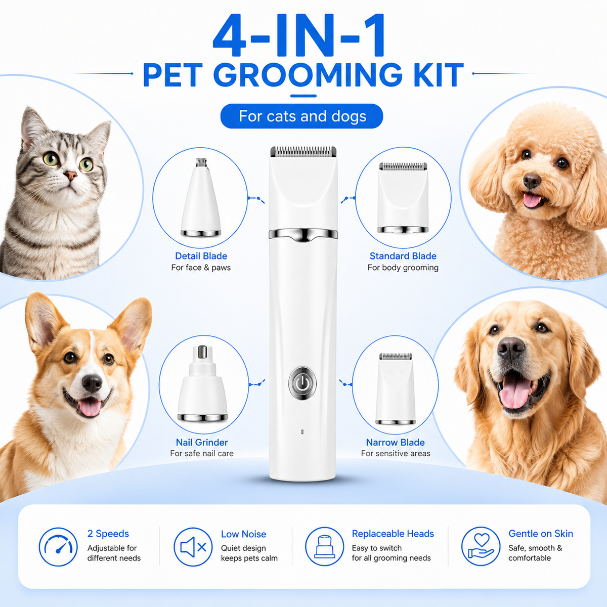 PYROEPLEEA 4-in-1 Dog Clippers & Pet Grooming Kit, 2-Speed Cordless Hair Trimmer with Paw Trimmer & Nail Grinder, White