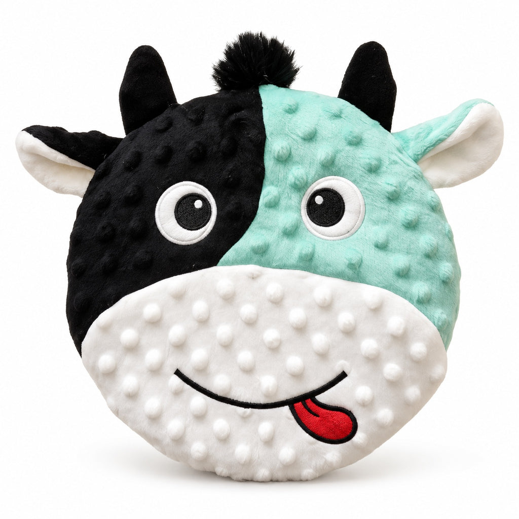 PYROEPLEEA Cow Flying Disc Dog Toy with Soft Raised-Dot Fabric and Smiling Face, Black and Mint Green, Approx. 9.5 in Wide, Fetch Toy and Dog Gift