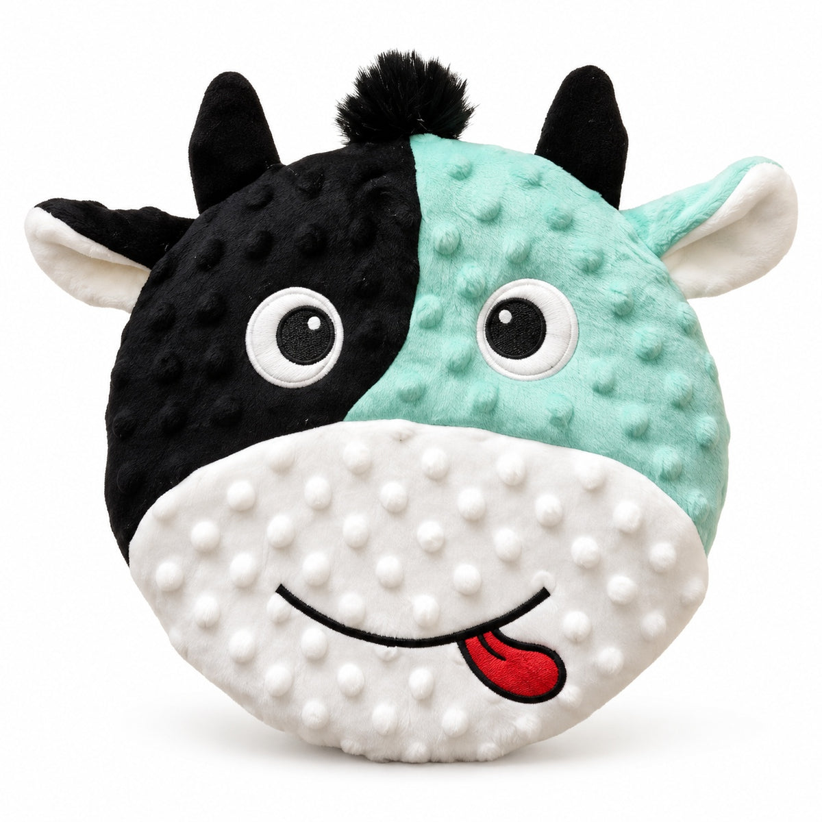 PYROEPLEEA Cow Flying Disc Dog Toy with Soft Raised-Dot Fabric and Smiling Face, Black and Mint Green, Approx. 9.5 in Wide, Fetch Toy and Dog Gift