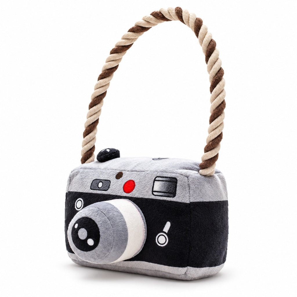 PYROEPLEEA Camera Squeaky Plush Dog Toy with Raised Lens and Braided Rope Handle, Black and Gray, Approx. 6 in Wide, Gift for Dogs and Dog Lovers