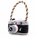 PYROEPLEEA Camera Squeaky Plush Dog Toy with Raised Lens and Braided Rope Handle, Black and Gray, Approx. 6 in Wide, Gift for Dogs and Dog Lovers
