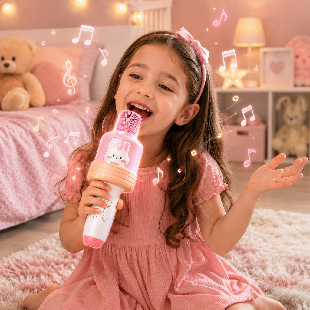 Kids Karaoke Microphone with Bluetooth Speaker, LED Lights Singing Toy with Voice Changer Effects, All-in-One Portable Karaoke Microphone for Girls and Boys Ages 3-12, Birthday Party Gift, Pink