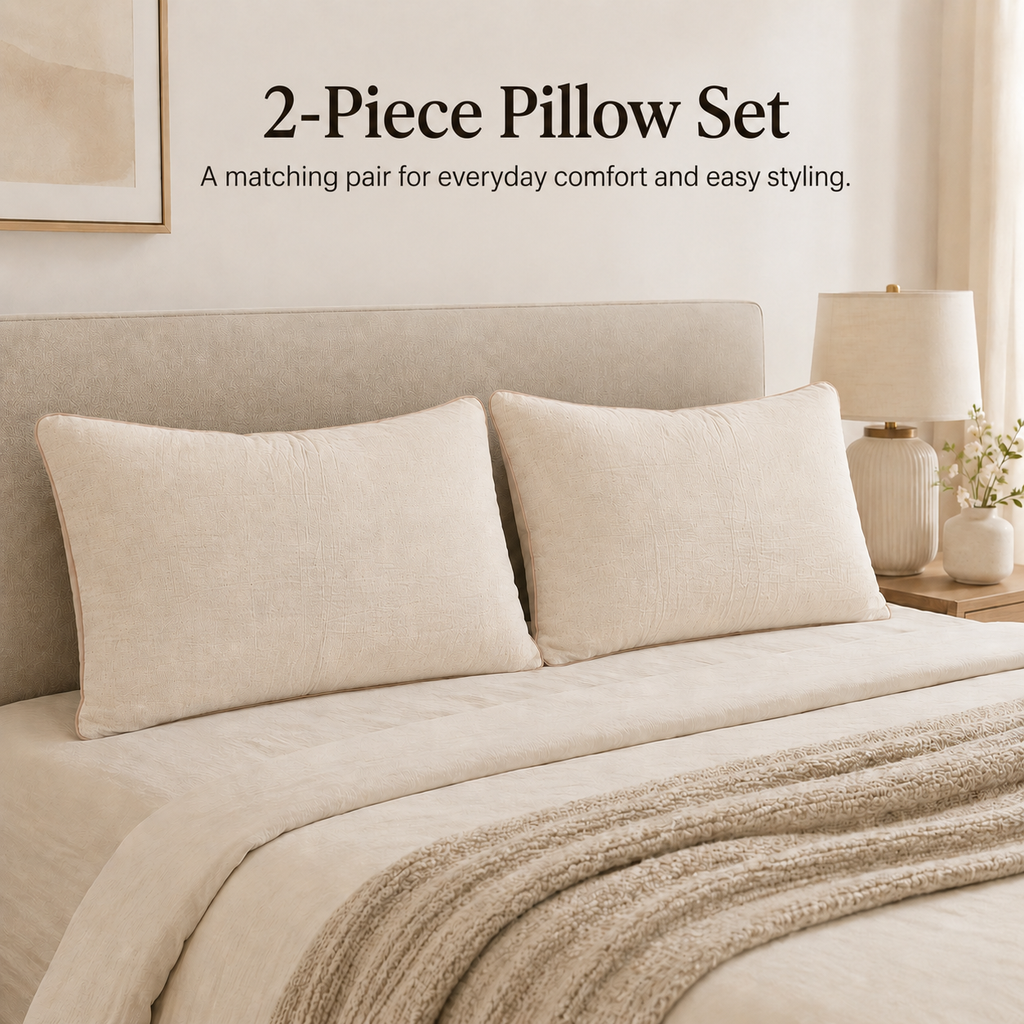 Premium Cotton Linen Pillow - Ultra Soft & Breathable, Fluffy Supportive Sleeping Pillow for All Sleep Positions, Machine Washable, Light Beige