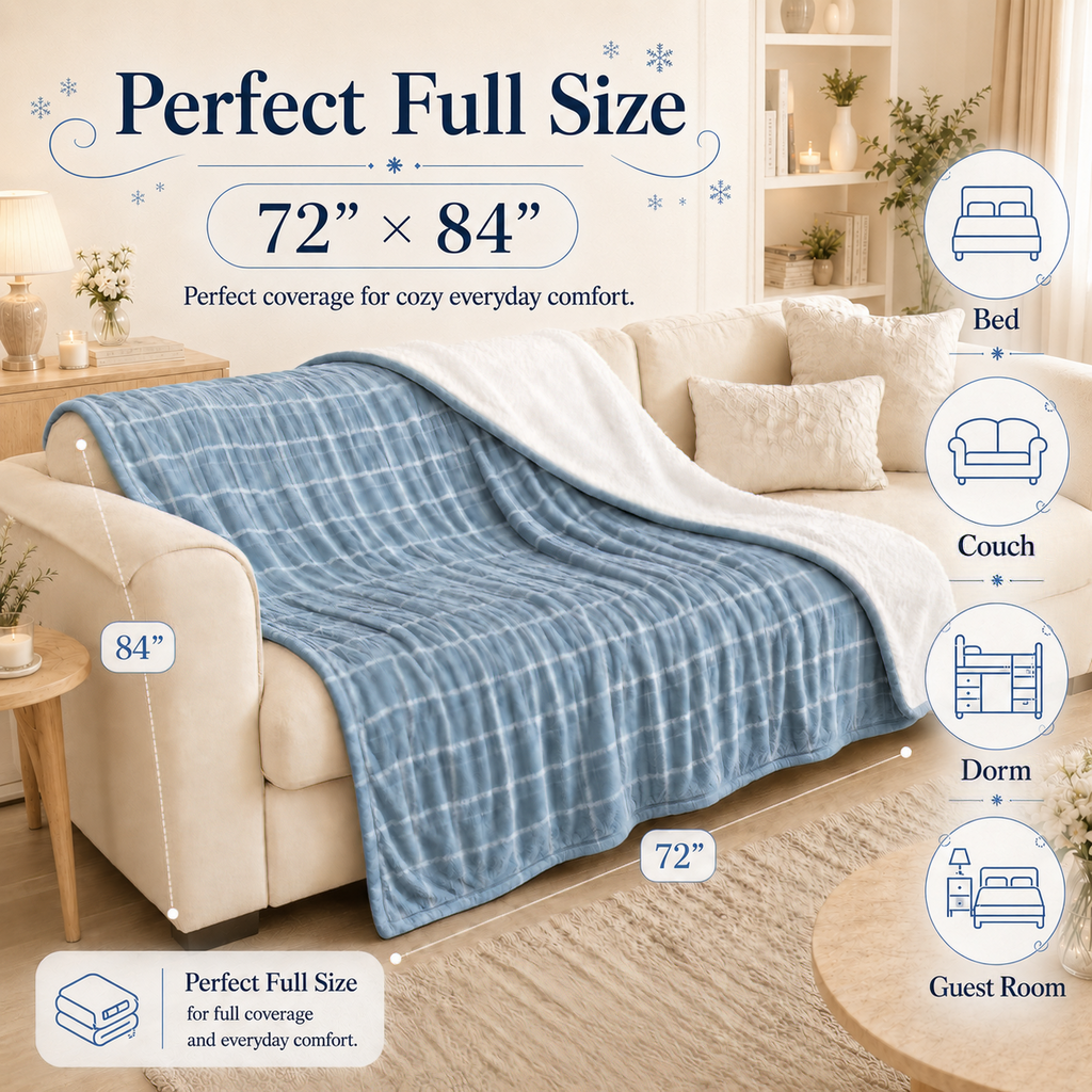 PYROEPLEEA Heated Electric Blanket Full Size 72 x 84 in, Flannel Sherpa, 6 Heat Settings, 1-12 Hour Auto Off, Machine Washable for Bed or Couch-Light Gray Plaid