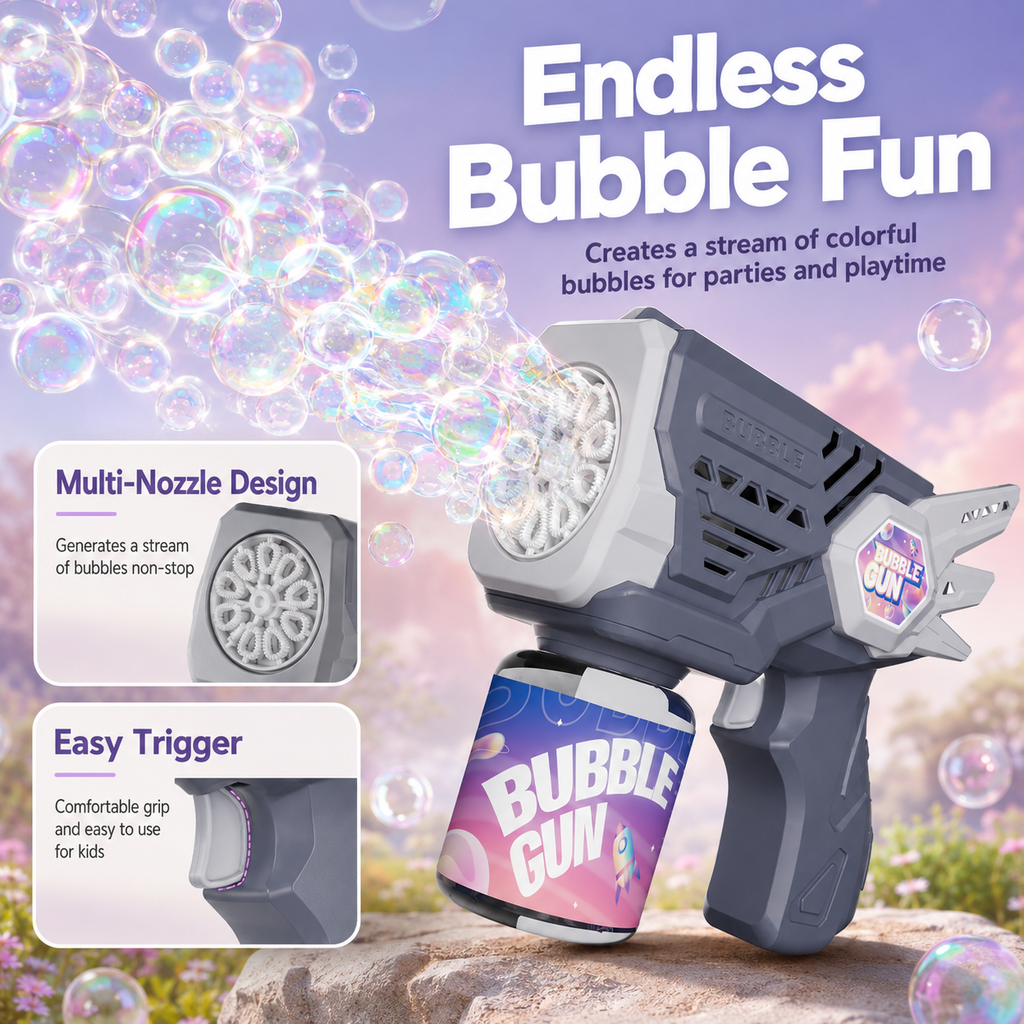 PYROEPLEEA Electric Bubble Gun, Gray 10-Hole High Output Automatic Portable Bubble Blaster, Kids Outdoor Play Toy
