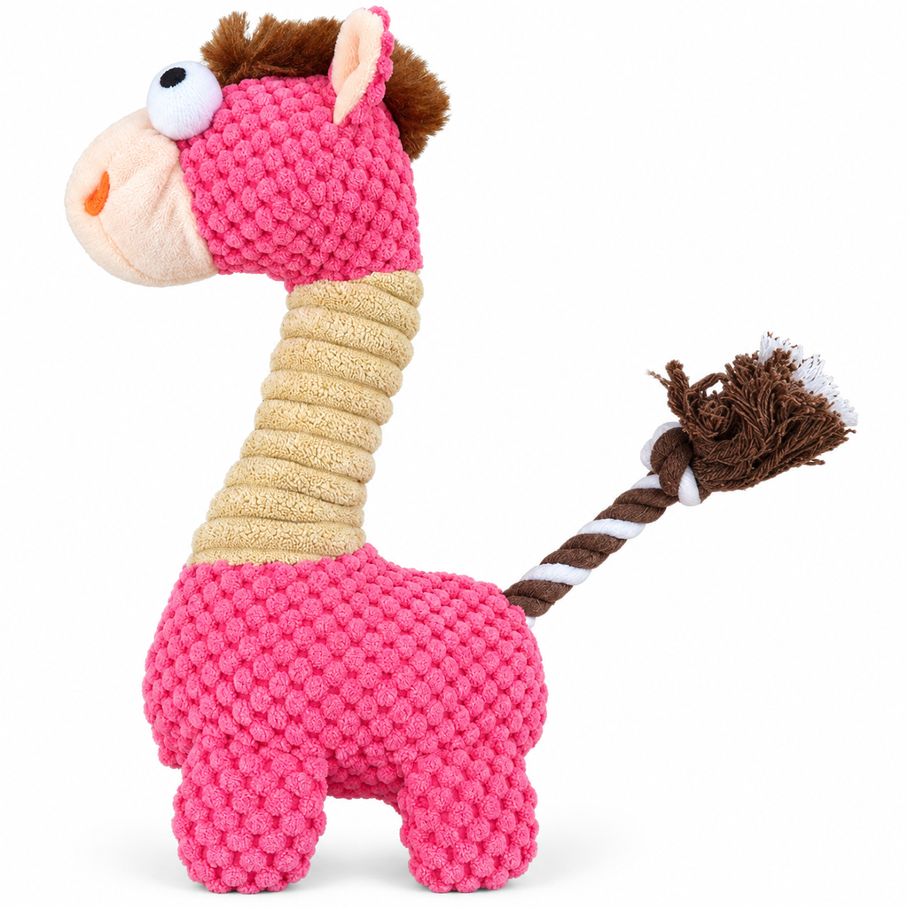 PYROEPLEEA Horse Squeaky Plush Dog Toy with Textured Fabric, Soft Mane and Rope Tail, Pink, Approx. 11 in Tall, Dog Birthday and Holiday Gift