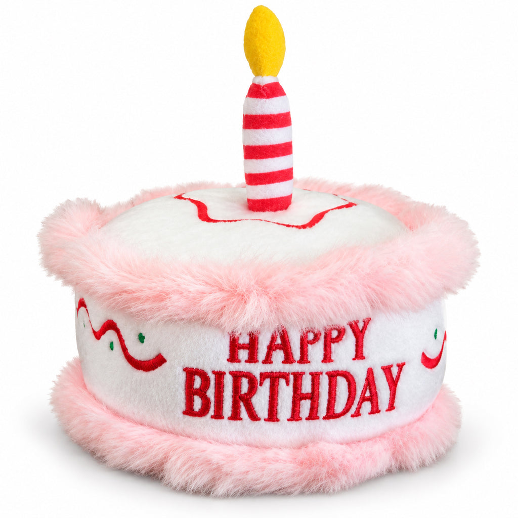 PYROEPLEEA Birthday Cake Squeaky Plush Dog Toy with Candle and Happy Birthday  Embroidery, Pink, Approx. 6 in Wide, Dog Birthday Gift