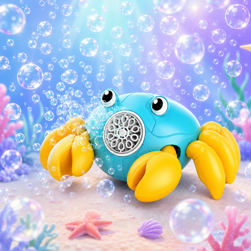 PYROEPLEEA Crab Bubble Machine for Kids, USB Rechargeable Automatic Bubble Maker with LED Lights, 2 Bubble Bottles, Outdoor Toy, Ages 3 and Up, Blue