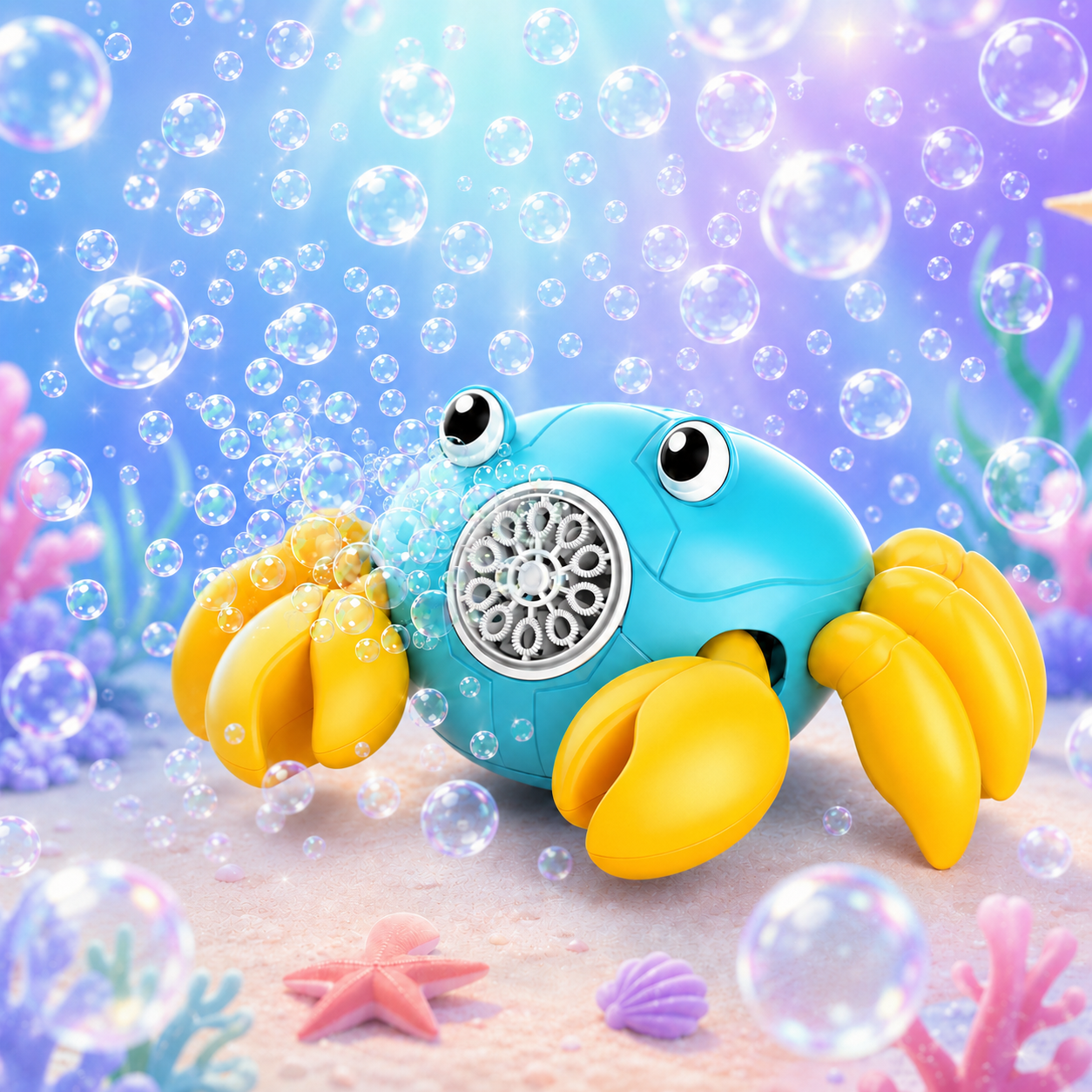 PYROEPLEEA Crab Bubble Machine for Kids, USB Rechargeable Automatic Bubble Maker with LED Lights, 2 Bubble Bottles, Outdoor Toy, Ages 3 and Up, Blue