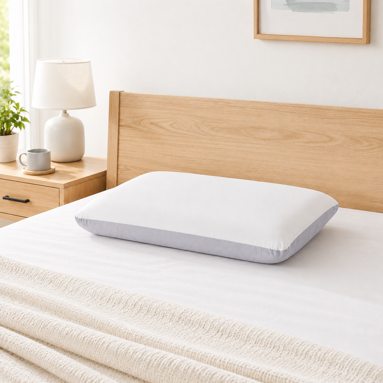 Memory Foam Pillow, 2-Sided Reversible Pillow with Cooling Knit & Milk Silk Cover, Removable Washable Pillowcase, White & Gray