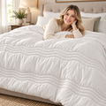 PYROEPLEEA All Season Comforter Queen 88 x 88 Inches, Ultra Soft Brushed Microfiber Down Alternative Comforter, Lightweight Wave Quilted Bedding, Machine Washable, White