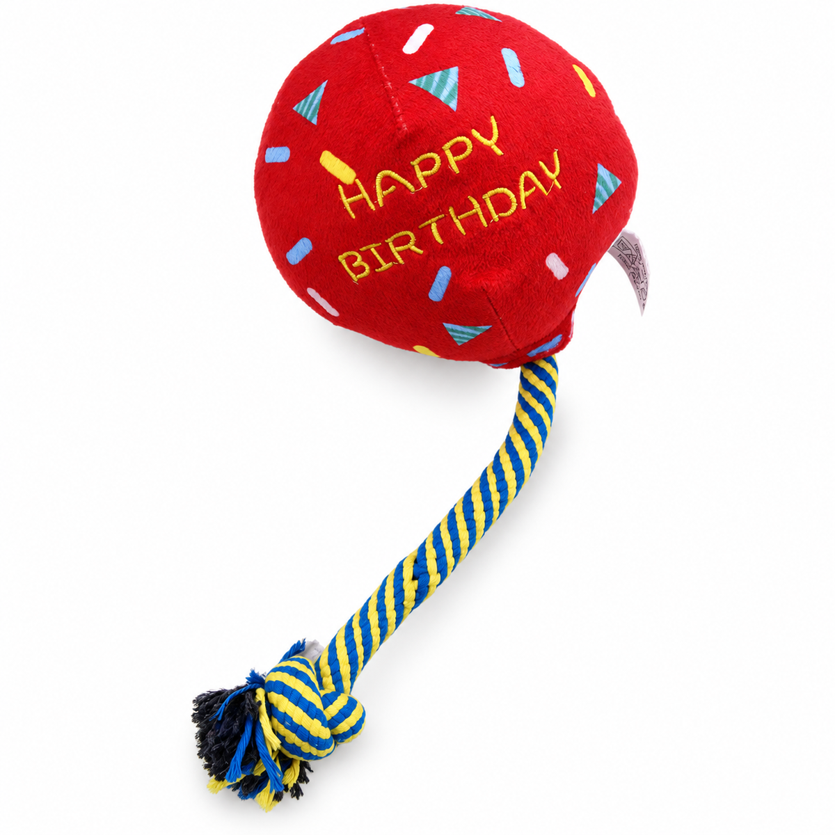 PYROEPLEEA Birthday Balloon Squeaky Plush Dog Toy with Knotted Rope and Happy Birthday Embroidery, Red, Approx. 12 in Long, Dog Birthday Gift