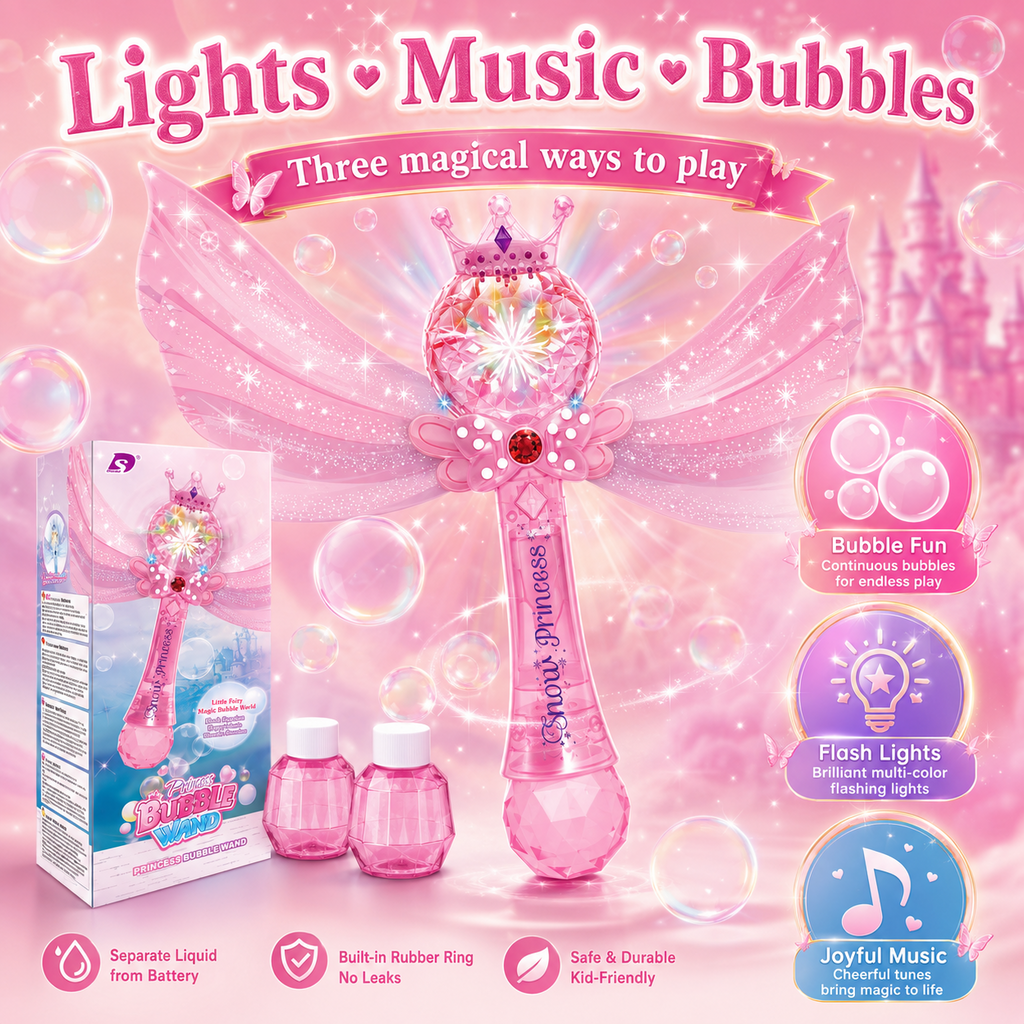 PYROEPLEEA Princess Bubble Wand for Kids, Automatic Bubble Machine with Lights & Music, 2 Bubble Solution Refills, Outdoor Party Birthday Gift, Pink