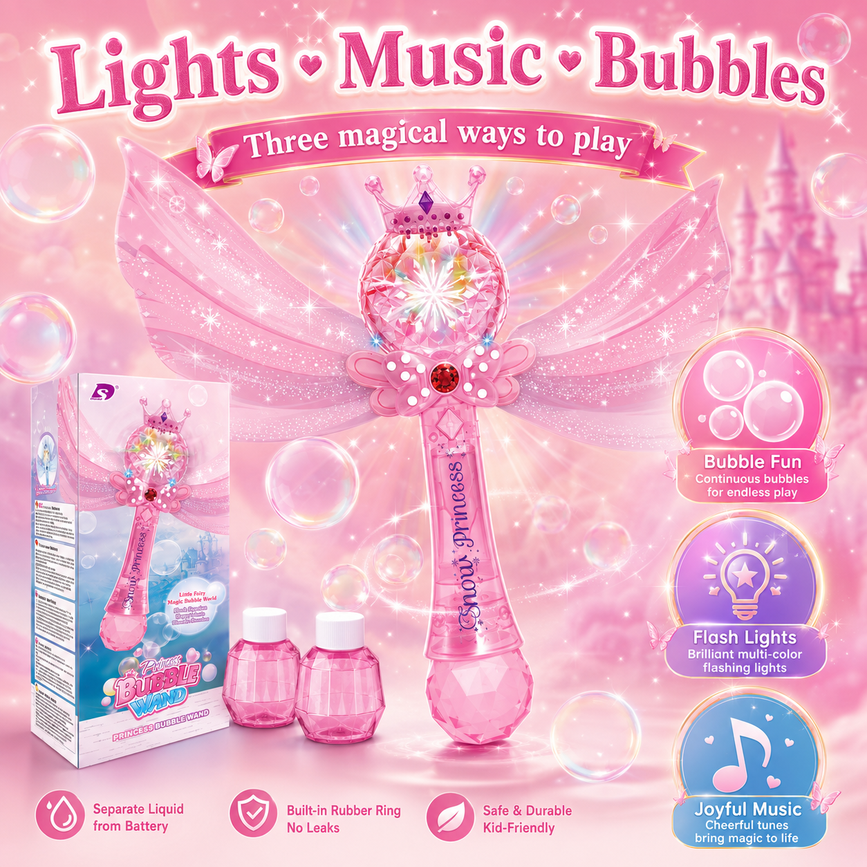 PYROEPLEEA Princess Bubble Wand for Kids, Automatic Bubble Machine with Lights & Music, 2 Bubble Solution Refills, Outdoor Party Birthday Gift, Pink