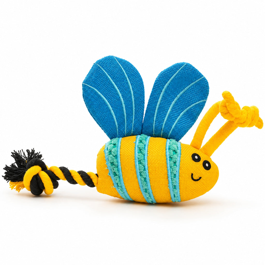 PYROEPLEEA Bee Squeaky Dog Toy with Textured Body, Blue Wings and Knotted Rope Tail, Yellow, Approx. 8 in Long, Dog Birthday and Holiday Gift