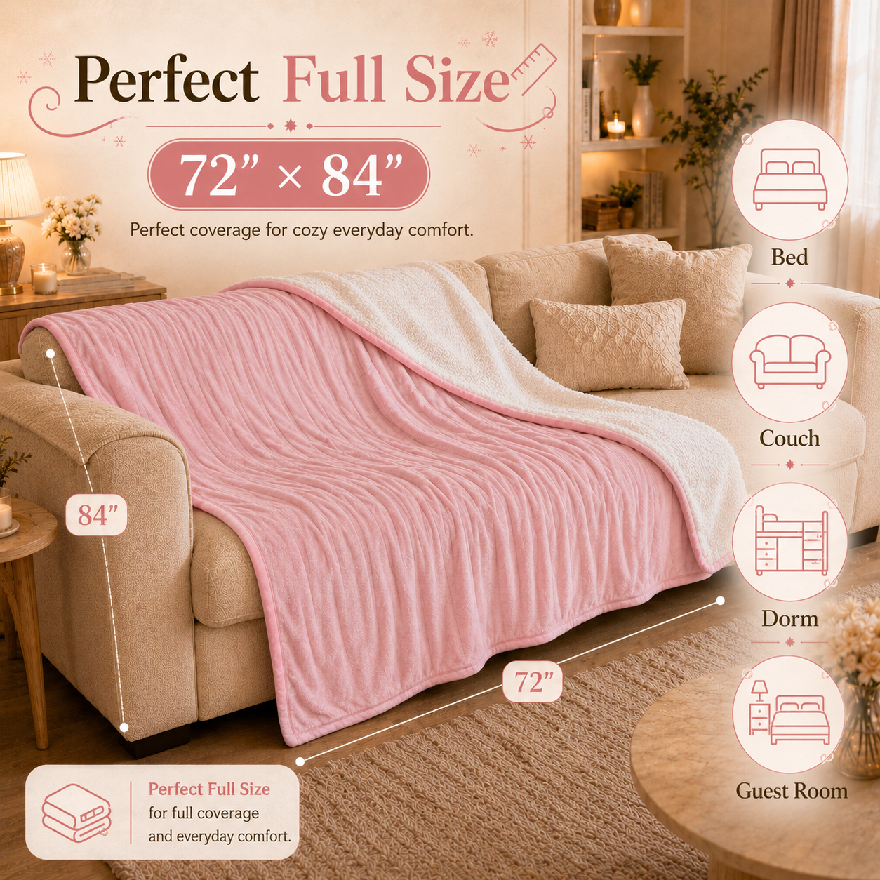 PYROEPLEEA Heated Electric Blanket Full Size 72 x 84 in, Flannel Sherpa, 6 Heat Settings, 1-12 Hr Auto Off, Machine Washable for Bed or Couch-Pink