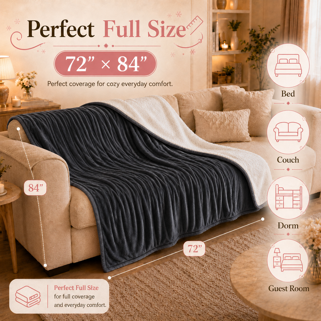 PYROEPLEEA Heated Electric Blanket Full Size 72 x 84 in, Flannel Sherpa, 6 Heat Settings, 1-12 Hr Auto Off, Machine Washable for Bed or Couch-Dark Gray