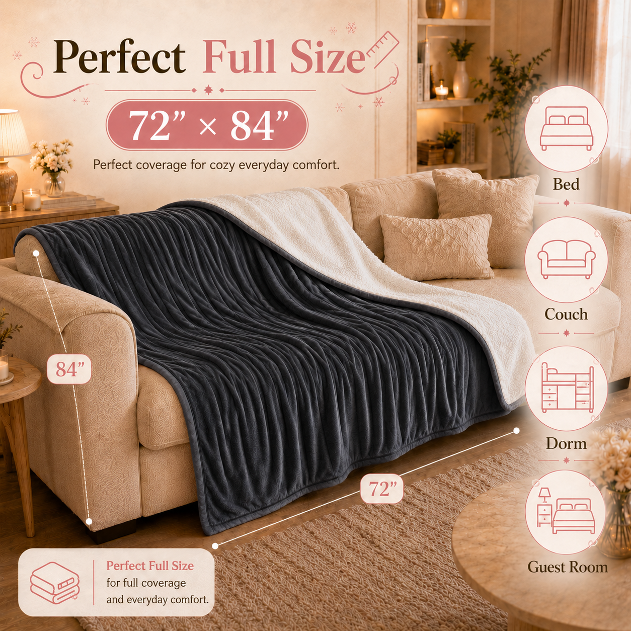 PYROEPLEEA Heated Electric Blanket Full Size 72 x 84 in, Flannel Sherpa, 6 Heat Settings, 1-12 Hr Auto Off, Machine Washable for Bed or Couch-Dark Gray