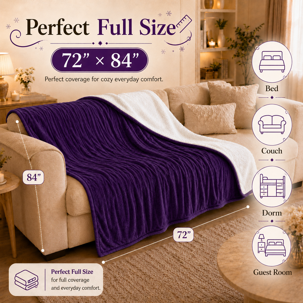 PYROEPLEEA Heated Electric Blanket Full Size 72 x 84 in, Flannel Sherpa, 6 Heat Settings, 1-12 Hr Auto Off, Machine Washable for Bed or Couch-Purple
