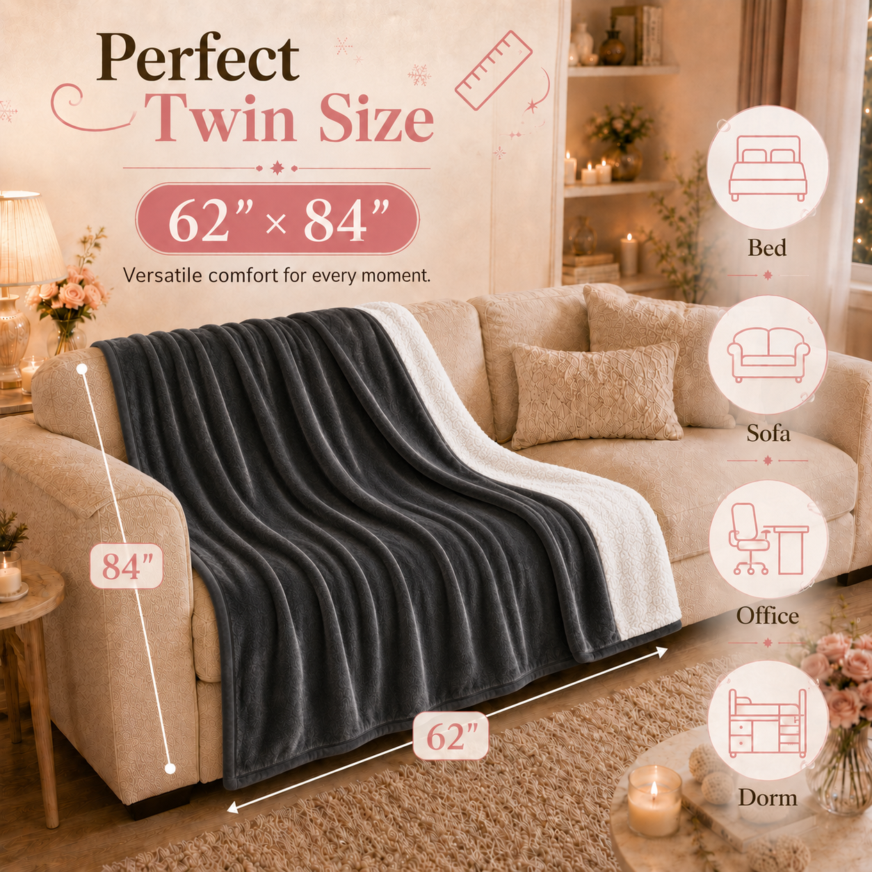 PYROEPLEEA Heated Electric Blanket Twin 62 x 84 in, Flannel Sherpa, 6 Heat Settings, 1-12 Hour Auto Off, Machine Washable for Bed or Couch-Dark Gray