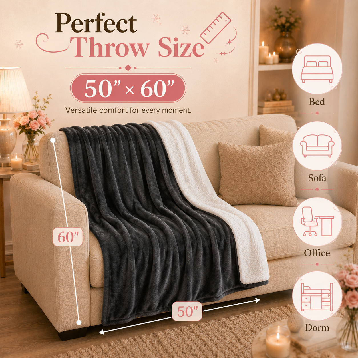 PYROEPLEEA Heated Throw Blanket 50 x 60 in, Flannel Sherpa, 6 Heat Settings, 1-12 Hour Auto Off, Machine Washable for Couch or Bed-Dark Gray