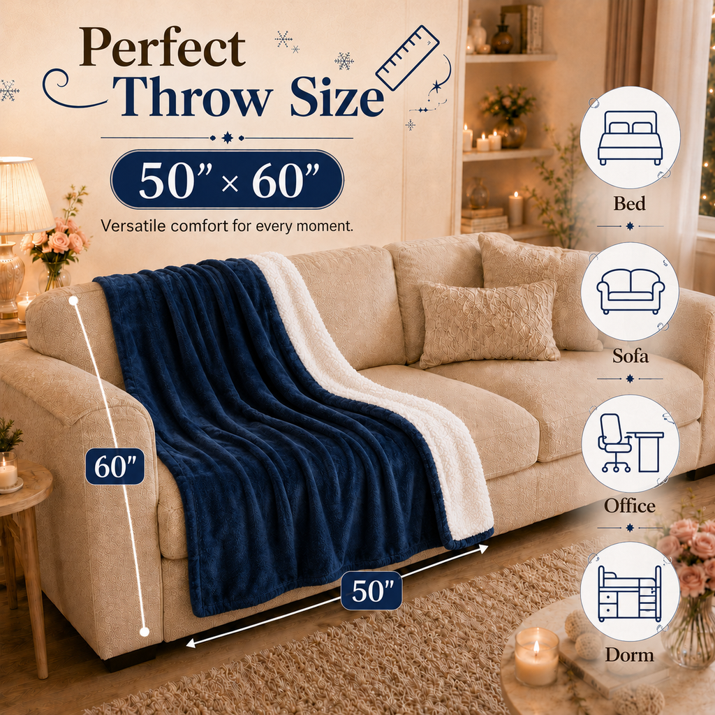 PYROEPLEEA Heated Throw Blanket 50 x 60 in, Flannel Sherpa, 6 Heat Settings, 1-12 Hour Auto Off, Machine Washable for Couch or Bed-Dark Blue