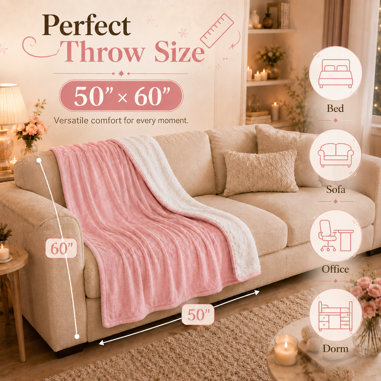 PYROEPLEEA Heated Throw Blanket 50 x 60 in, Flannel Sherpa, 6 Heat Settings, 1-12 Hour Auto Off, Machine Washable for Couch or Bed-Pink
