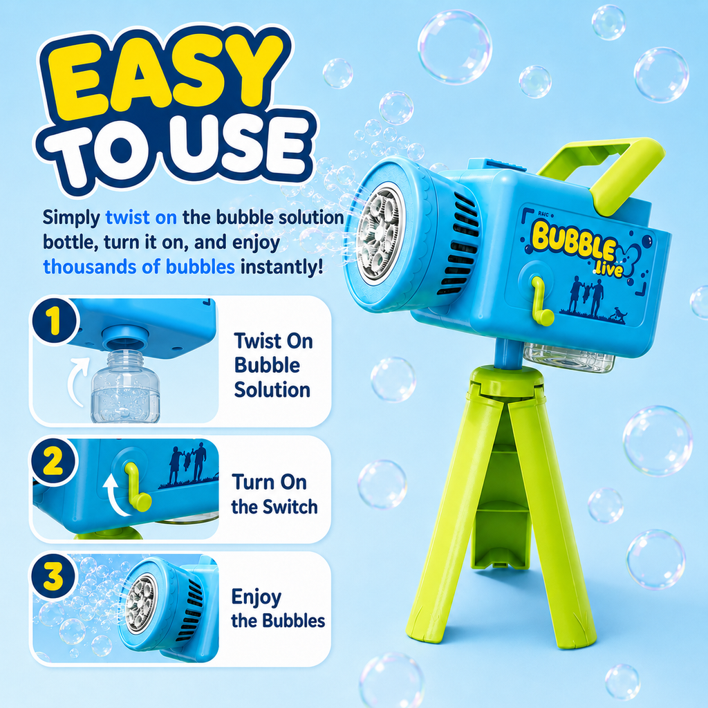 PYROEPLEEA Bubble Camera Machine for Kids Ages 3+, Rechargeable Automatic Bubble Blower with Lights & Music, Tripod, 360° Rotating Base, 2 Bottles, Blue
