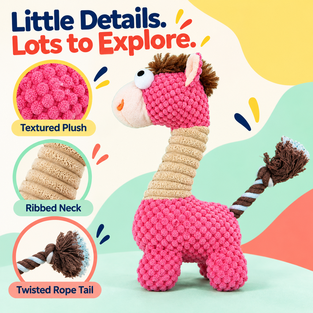 PYROEPLEEA Horse Squeaky Plush Dog Toy with Textured Fabric, Soft Mane and Rope Tail, Pink, Approx. 11 in Tall, Dog Birthday and Holiday Gift