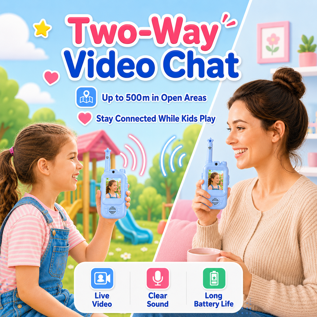 PYROEPLEEA Video Walkie Talkies for Kids 2 Pack, Rechargeable Long Range Two Way Radios with Screen, Camera & Voice Changer, Outdoor Toys, Blue