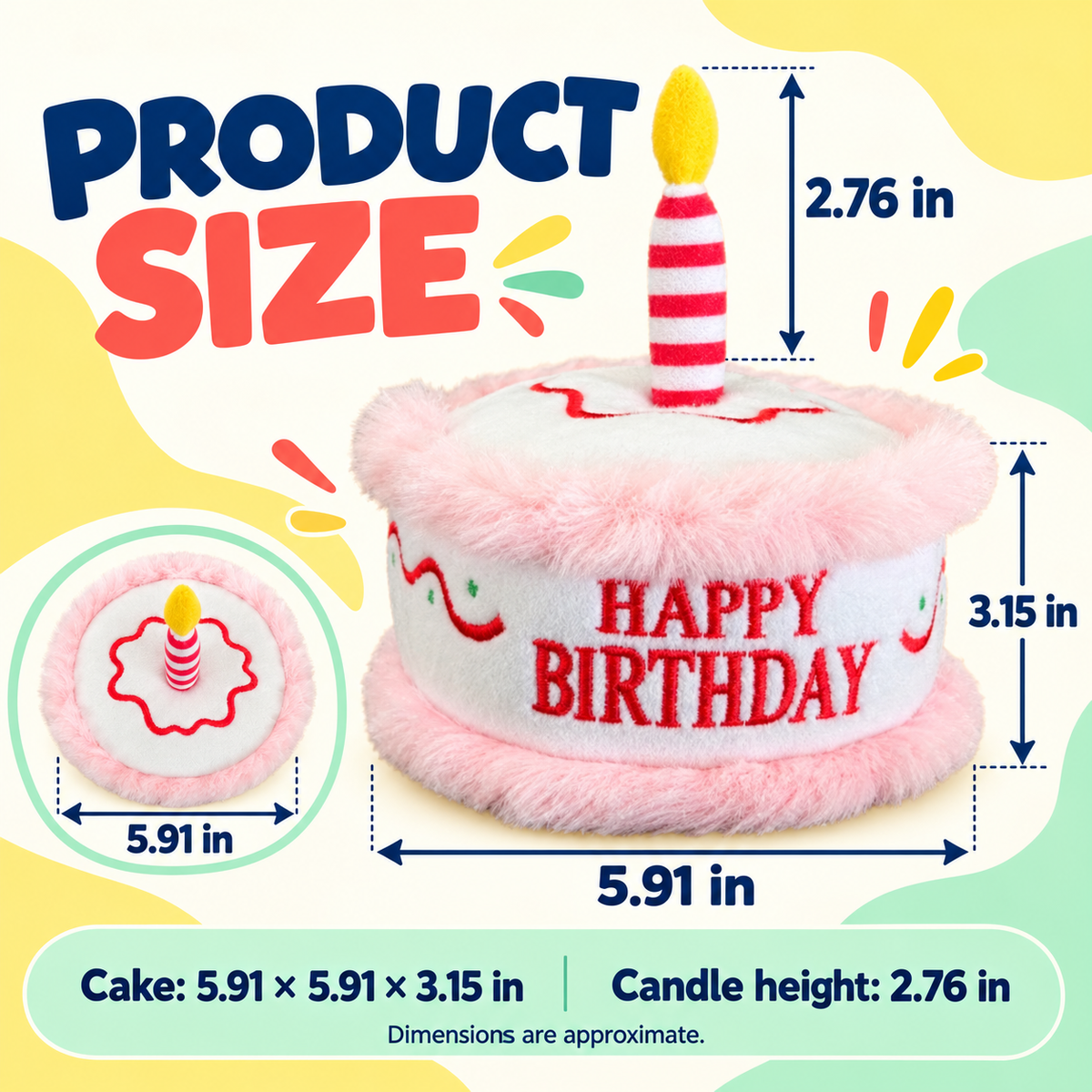 PYROEPLEEA Birthday Cake Squeaky Plush Dog Toy with Candle and Happy Birthday  Embroidery, Pink, Approx. 6 in Wide, Dog Birthday Gift