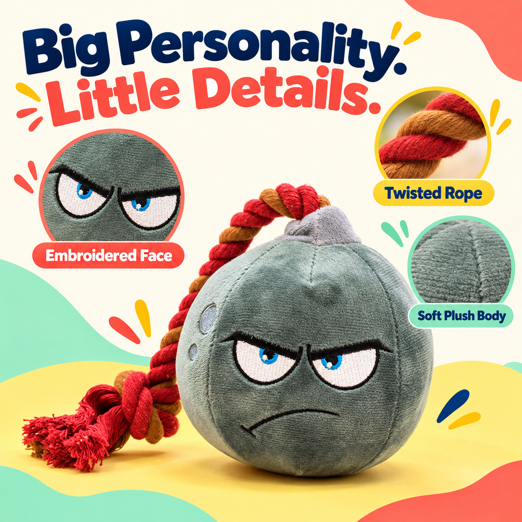 PYROEPLEEA Cartoon Bomb Squeaky Plush Dog Toy with Angry Face and Knotted RopeFuse, Green, Approx. 5 in Wide, Dog Birthday and Holiday Gift