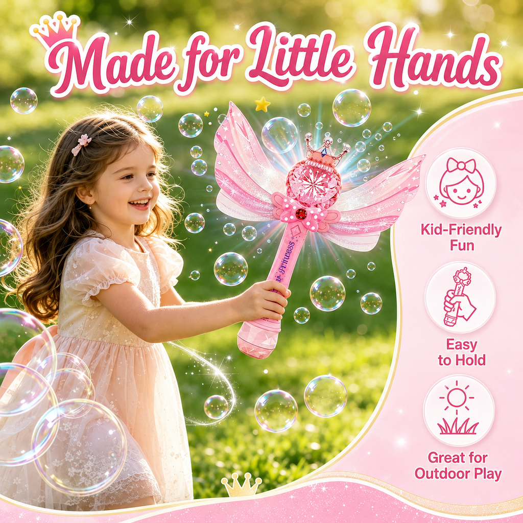 PYROEPLEEA Princess Bubble Wand for Kids, Automatic Bubble Machine with Lights & Music, 2 Bubble Solution Refills, Outdoor Party Birthday Gift, Pink