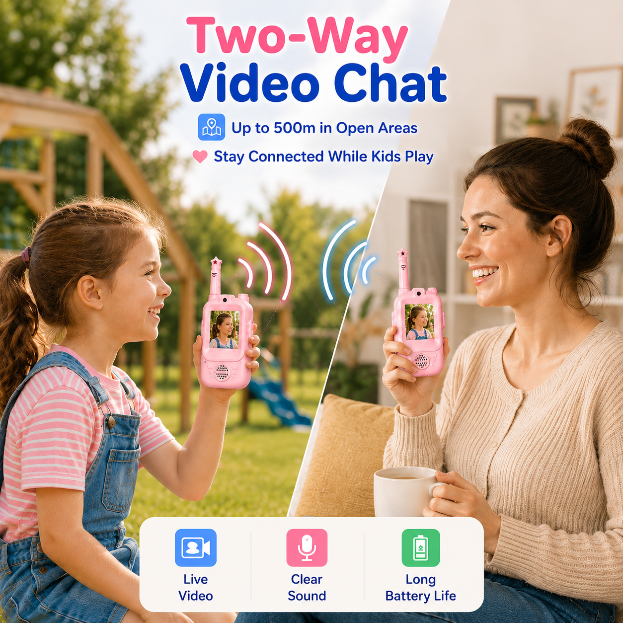 PYROEPLEEA Video Walkie Talkies for Kids 2 Pack, Rechargeable Long Range Two Way Radios with Screen, Camera & Voice Changer, Outdoor Toys, Pink