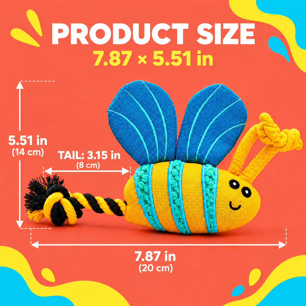 PYROEPLEEA Bee Squeaky Dog Toy with Textured Body, Blue Wings and Knotted Rope Tail, Yellow, Approx. 8 in Long, Dog Birthday and Holiday Gift