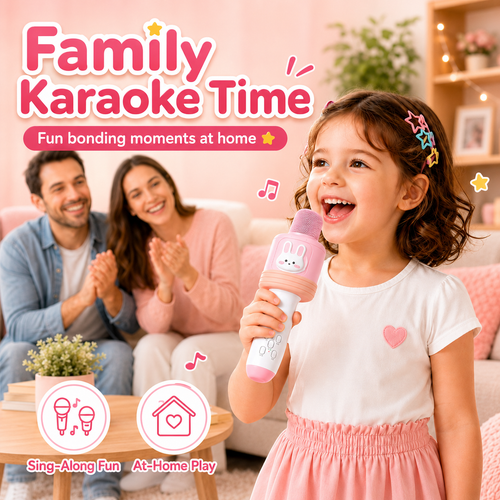 Kids Karaoke Microphone with Bluetooth Speaker, LED Lights Singing Toy with Voice Changer Effects, All-in-One Portable Karaoke Microphone for Girls and Boys Ages 3-12, Birthday Party Gift, Pink