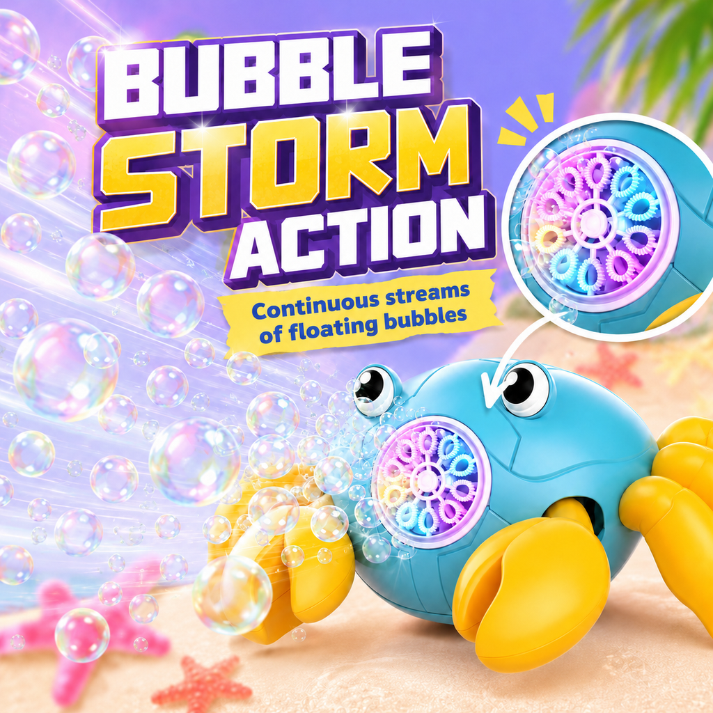 PYROEPLEEA Crab Bubble Machine for Kids, USB Rechargeable Automatic Bubble Maker with LED Lights, 2 Bubble Bottles, Outdoor Toy, Ages 3 and Up, Blue