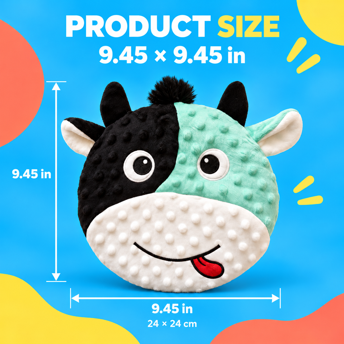 PYROEPLEEA Cow Flying Disc Dog Toy with Soft Raised-Dot Fabric and Smiling Face, Black and Mint Green, Approx. 9.5 in Wide, Fetch Toy and Dog Gift