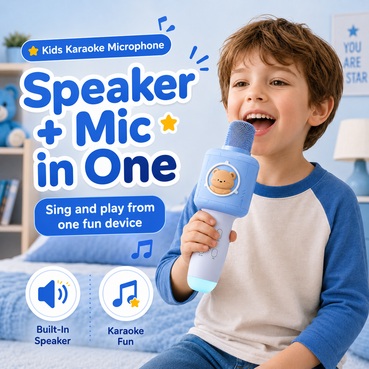PYROEPLEEA Kids Karaoke Microphone with Bluetooth Speaker, LED Lights & Voice Changer, Portable Singing Toy for Ages 3-12, Blue