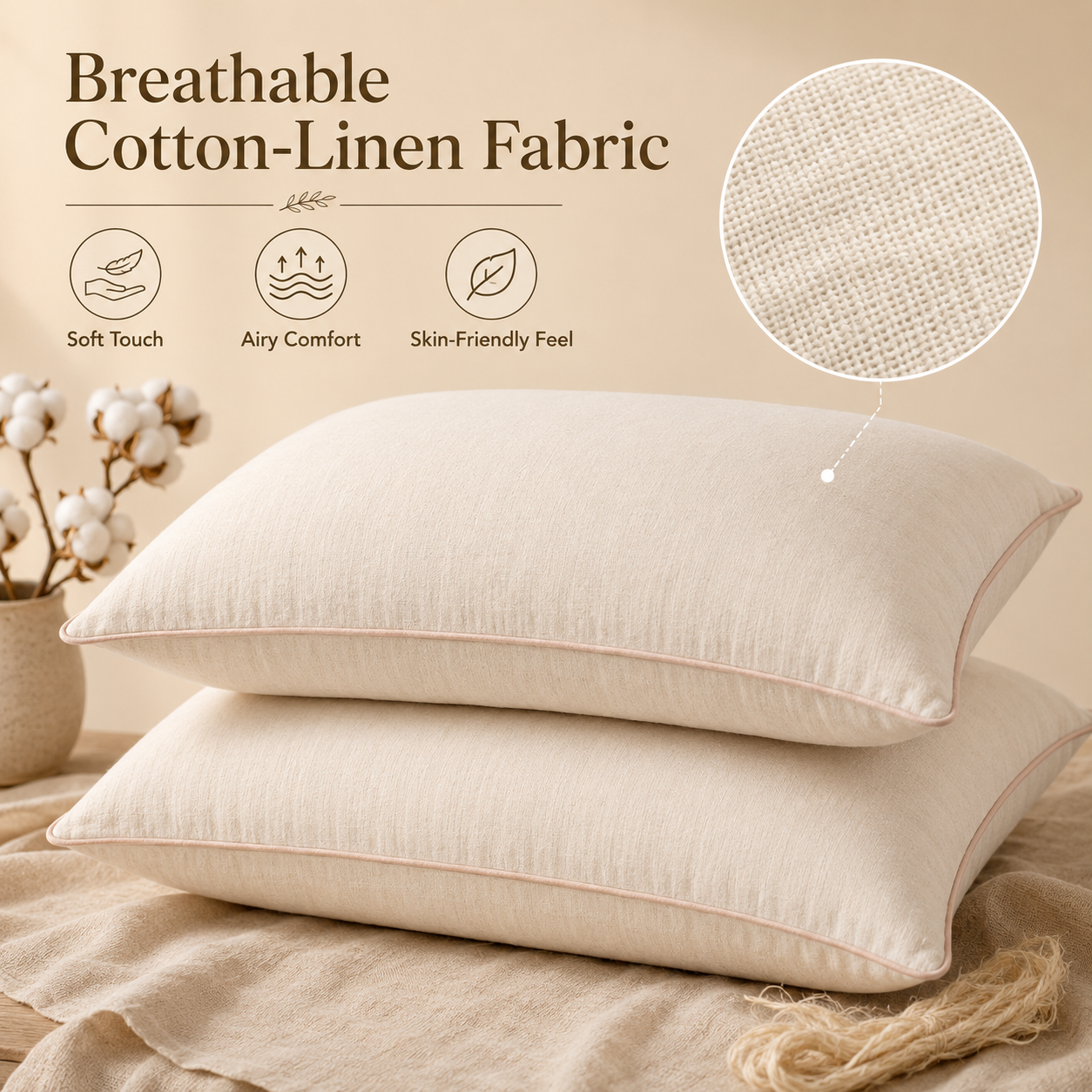 Premium Cotton Linen Pillow - Ultra Soft & Breathable, Fluffy Supportive Sleeping Pillow for All Sleep Positions, Machine Washable, Light Beige