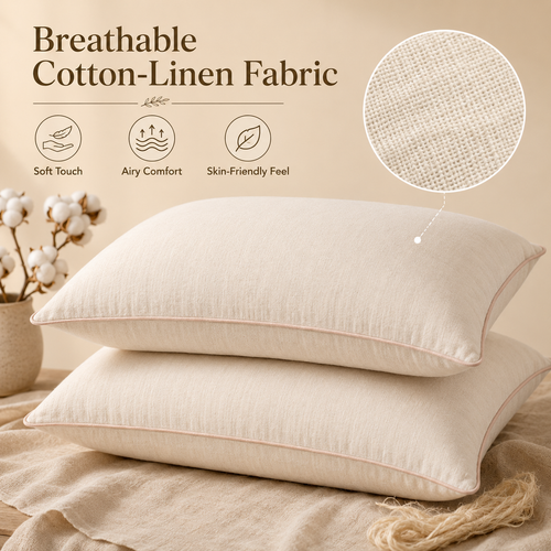 Premium Cotton Linen Pillow - Ultra Soft & Breathable, Fluffy Supportive Sleeping Pillow for All Sleep Positions, Machine Washable, Light Beige
