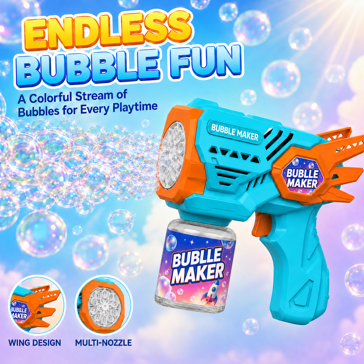 PYROEPLEEA Bubble Machine for Kids, Angel Wings Handheld Bubble Maker, USB Rechargeable Outdoor Bubble Toy for Boys Girls Ages 3+, Blue