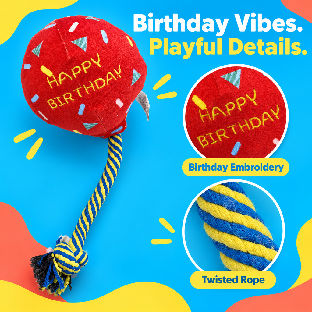 PYROEPLEEA Birthday Balloon Squeaky Plush Dog Toy with Knotted Rope and Happy Birthday Embroidery, Red, Approx. 12 in Long, Dog Birthday Gift